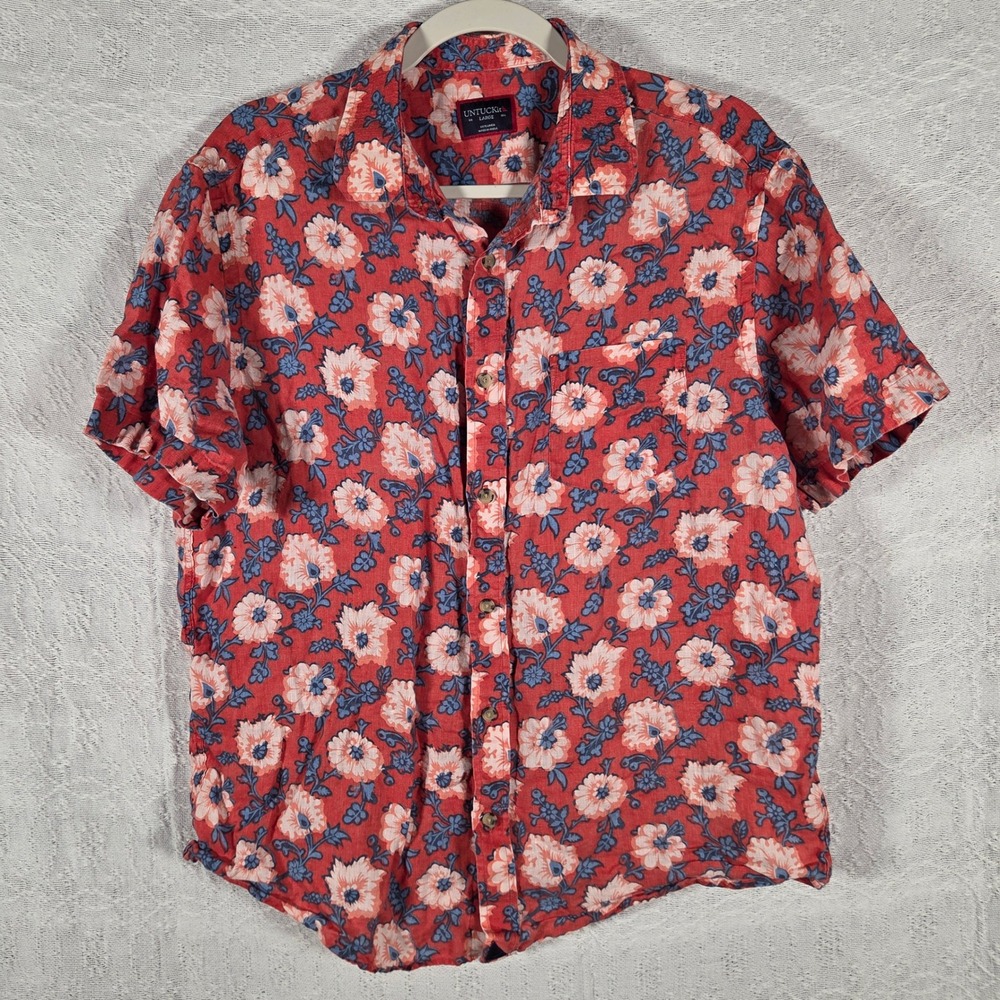 UNTUCKit Redondo-SS Mens Large Red Floral 100% Linen Short Sleeve Shirt Beachy